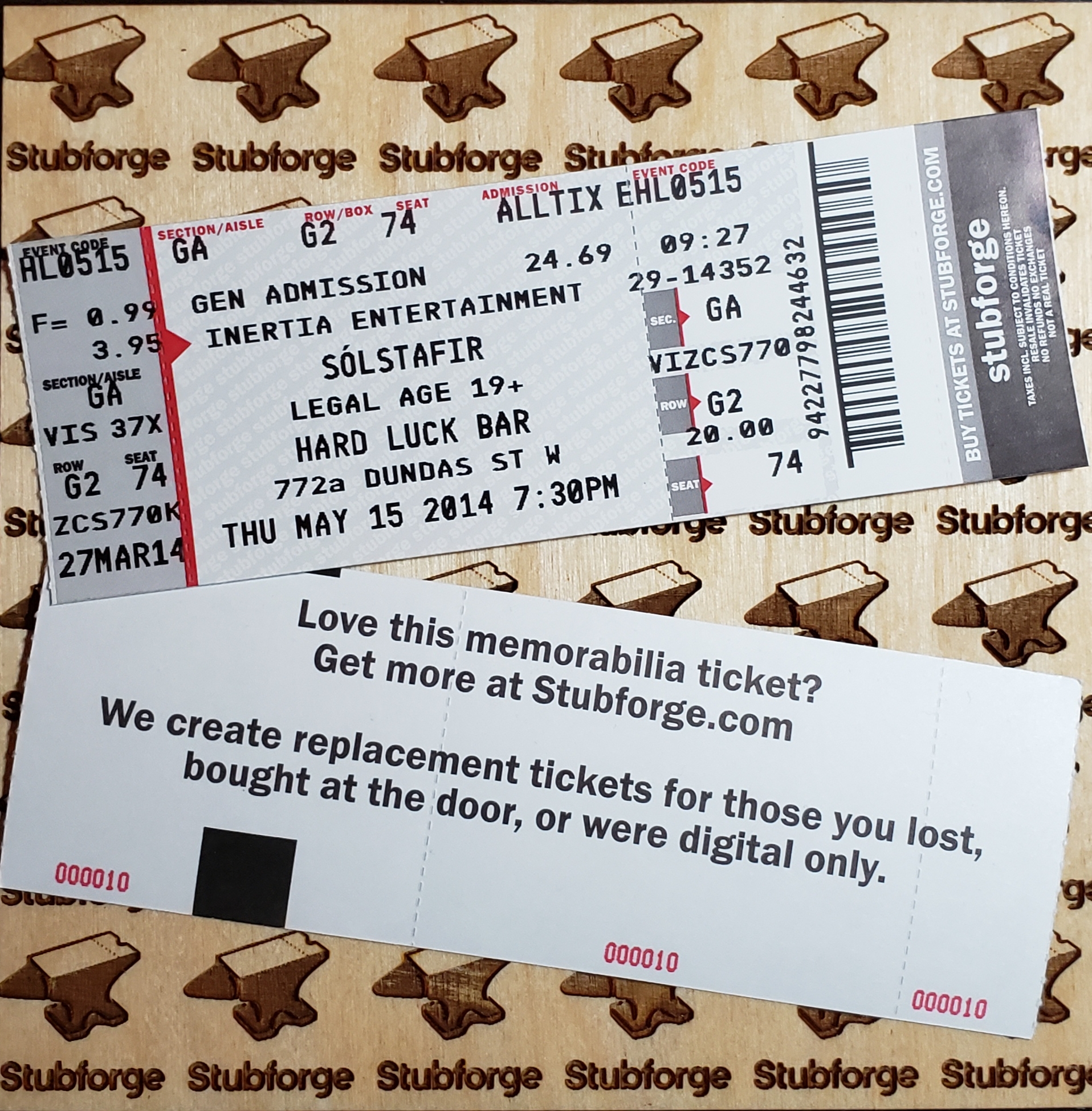 front and back of Stubforge ticket